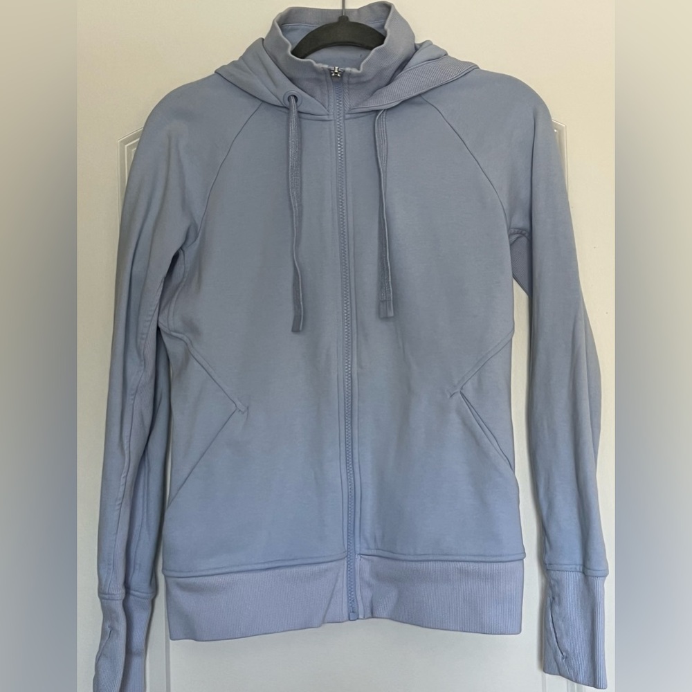 Athleta Triumph Full Zip Hoodie Blue High Neck Thumbholes Fleece Athleisure Sz S